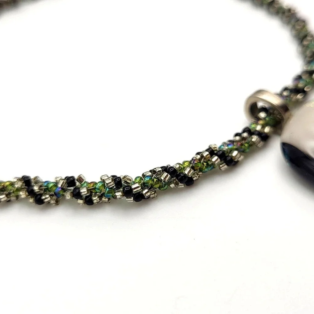 Colorful Dichroic Fused Glass Pendant on‎ Hand-Crafted Spiral Seed Bead Necklace